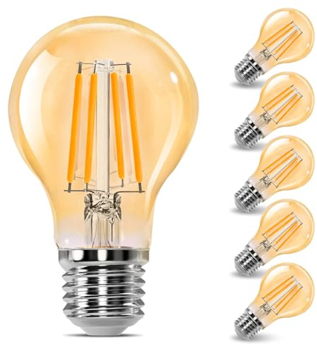 GREAT JACOB Bombilla LED E27 Filamento, 8W Equivalente a 109W, Luz Calida 2200K, 1680 Lúmenes, Bombilla Decorativa Retro Vintage A60, Ahorro de energía, No Regulable, 6 Unidades