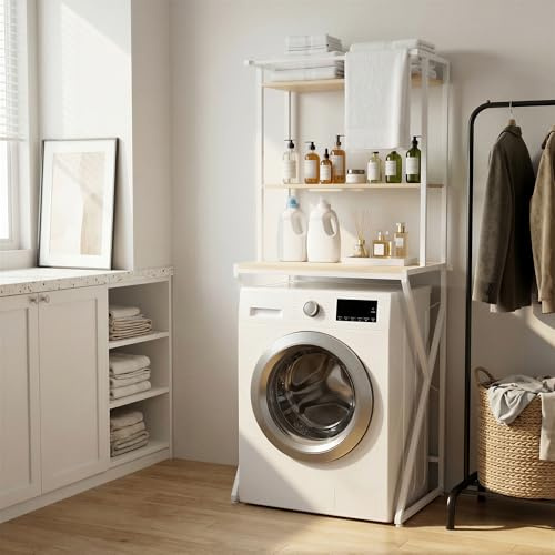 APICIZON Tvättmaskinhylla med handdukshållare, toaletthylla, 3 djur tvättmaskinsskåp, 67 × 40 × 165 cm, modedesign, för badrum, kök, balkong, naturlig och vit