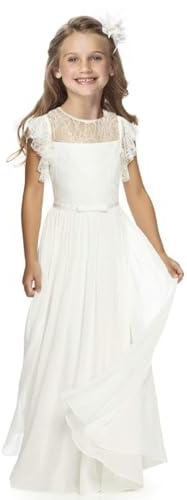 ABAO SISTER Flower Girl Dress Communion Dress for Wedding Junior Bridesmaid Fancy Ruffle Sleeves A-line Chiffon Ivory Size 6