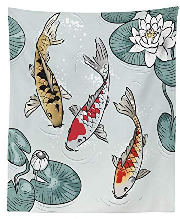 Lunarable Koi Fish Tapestry, Water Lilys 3 Fish of Important Cultures Pond, Fabric Wall Hanging Decor for Bedroom Living Room Dorm, 23 X 28, Multicolor and Pale Blue