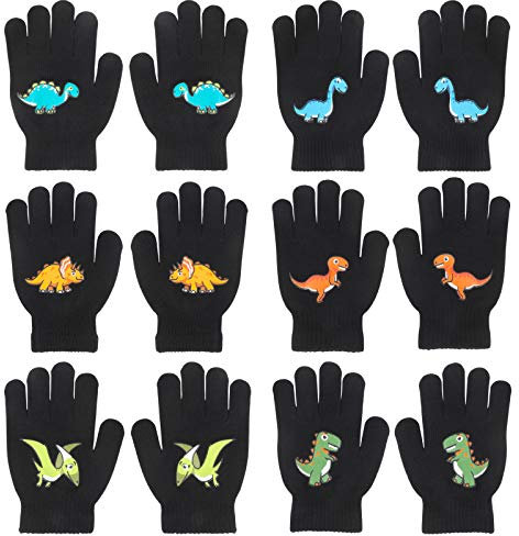 QKURT 6 Paar Magische Handschuhe für Kinder, Winterthermische Handschuhe Vollfinger Kinderhandschuhe Dinosaurier/Baggermuster für Jungen Mädchen