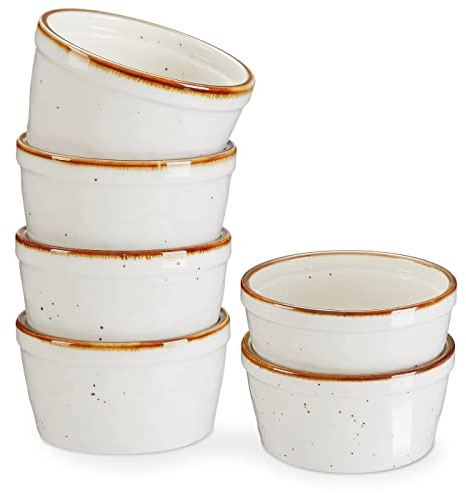 ONEMORE 12 oz Ramekins Oven Safe - Set of 6 Speckled Ceramic Souffle Dishes with Brown Rim for Baking Creme Brulee, French Onion Soup, Pot Pies, and More | Rustic Design with Warm Cream Glaze