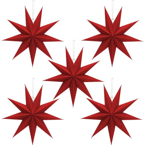 Sprinlot Papiersterne Weihnachten Rot, 5 Stück 30cm Weihnachtsstern, 9 Zacken Papiersterne zum Aufhängen, Faltsterne Sterne für Weihnachten Hochzeit Tischdeko Fensterdeko