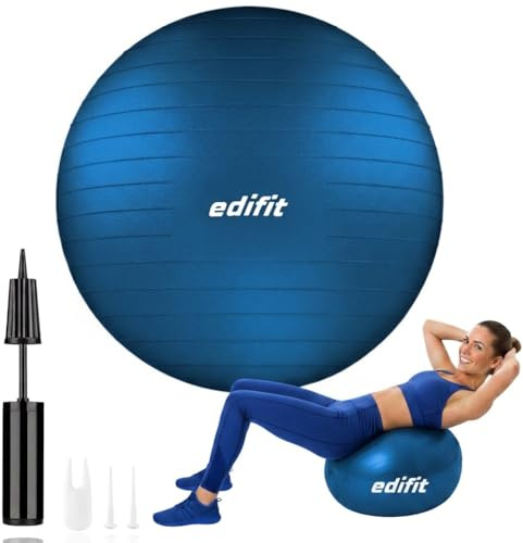 EDIFIT, Ballon Grossesse, 55, 65 et 75, Swiss Ball, Gym, Pilates, Gonfleur Inclus, Fitness Materiel, Gymnastique, Yoga Accessoires (55cm, Bleu)