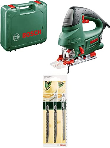 Bosch Stichsäge PST 900 PEL (Hubzahl bei Leerlauf 500 bis 3100 U/min, in Kunststoffkoffer) + 3tlg. Stichsägeblatt-Set Extra Clean for Hard Wood zum Sägen in Hartholz