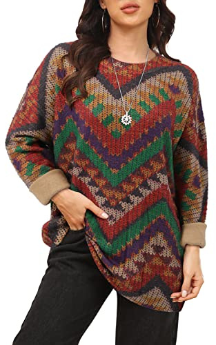 Magritta Women Jumpers Long Sleeve Knitted Sweater Plus Size Baggy Large Pullover Tops Oversized Crew Neck Sweater Geometry 3X-Large