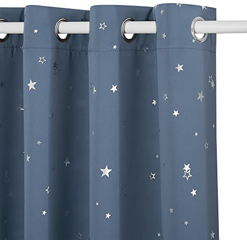 PONY DANCE Foil Printed Blackout Curtains for Bedroom - Boys Girls Thermal Insulated Kids Curtains with Eyelet Noise Reducing for Living Room, Haze Blue, 52 x 45 Drop Inch, 2 Panels