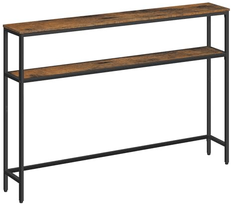 VASAGLE Console Table, 2-Tier Slim Sofa Table, 20 x 120 x 80 cm, Hallway Table with 2 Shelves, for Living Room, Entryway, Rustic Brown and Ink Black LNT133K01V1