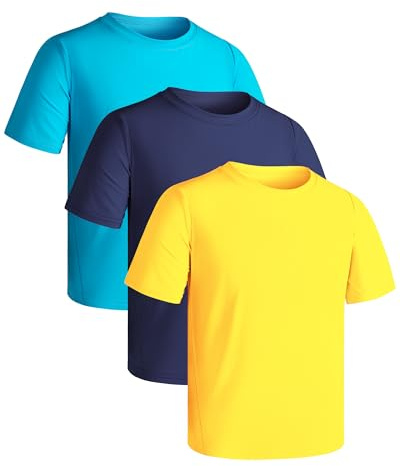 Auranso 3 Pack Boys Swim Shirts Rash Guard Short Sleeve UPF50+ Quick Dry Fishing Surfing Swimwear Blue Navy Yellow 11-12 Years