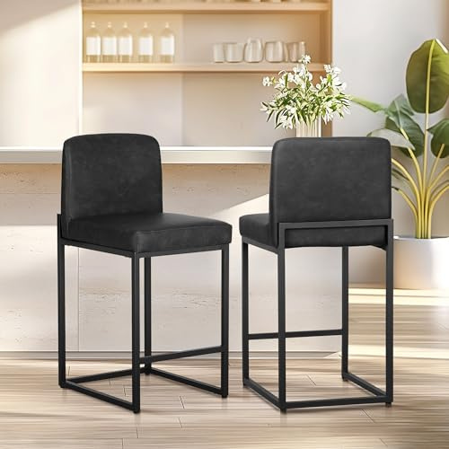 ALPHA HOME Schminkhocker, Schminktisch Hocker, 2 Barhocker Tresenhocker, Bürohocker, Küchenstühle mit Rückenlehne und Fußstütze, Robuster Metallrahmen, Moderne Bistrohocker Frühstückshocker, Schwarz