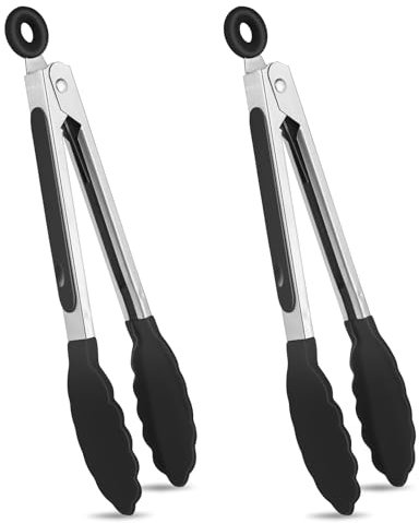 Jeffdad Lot de 2 pinces à barbecue en silicone - 20 cm - En acier inoxydable - Avec pointes en silicone - Petite pince de cuisine - Convient pour la cuisine