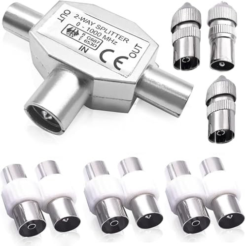 TV Aerial Splitter - 2-Way, 1 Female to 2 Male Coaxial Aerial Splitter with 7pcs TV Aerial Connector Adapter, Compatible with Cable TV & Antenna, Shielded Metal Housing, Signal Booster