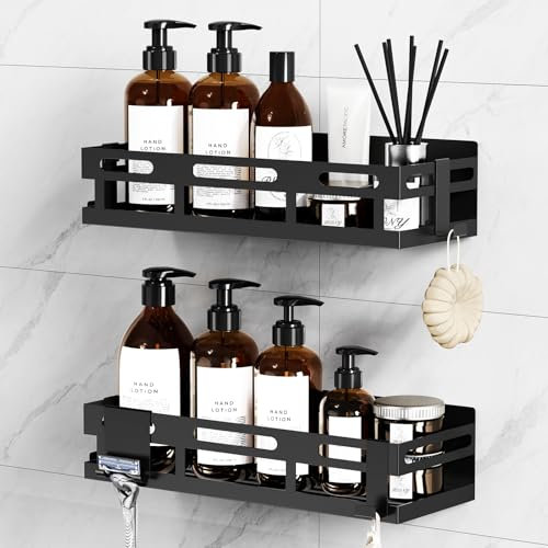 Duschablage Ohne Bohren Schwarz, 2 Stück Rostfreie Badezimmer Organizer Shampoo Halterung für Dusche mit Großer Kapazität Duschkorb für Küche Toilette Badezimmer Aufbewahrung und Organisation