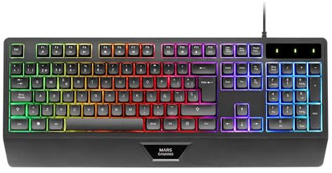 Mars Gaming MK124, Teclado Ergonómico H-Mech, Reposamuñecas Integrado, Iluminación FRGB Rainbow, Teclado Gaming Antighosting Avanzado, Teclado PC Completo Multiplataforma, Idioma Francés, Negro
