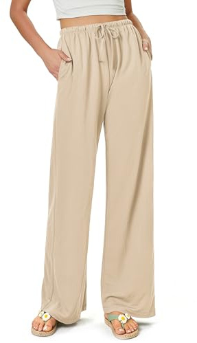 keriffe Summer Outfits Flowy Palazzo Pants for Women Light Khaki