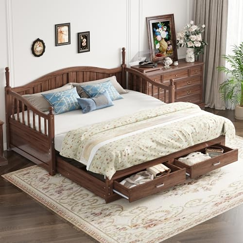 Sofá cama extensible de madera maciza con columnas romanas, con respaldo curvado y reposabrazos, con cajones y somier, 90/180 x 200 cm (madera de nogal natural)