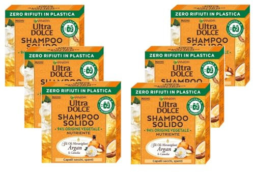Garnier Ultra Dolce Shampoo Solido Nutriente A Base Vegetale Per Capelli Secchi e Spenti Con Olio Di Argan e Camelia 60 Gr 6 Unità