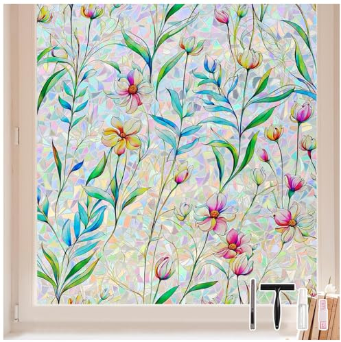 LEMON CLOUD Pellicola Privacy per Finestre Vetri 3D Fiori Decorative Autoadesive Controllo di Calore con Effetto Arcobaleno Anti-UV per Casa Bagno Cucina Ufficio 44,5 x 200 cm