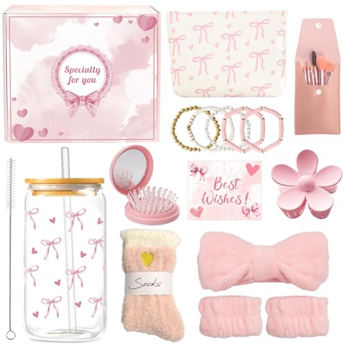 ZJKUBOIS Regalos Niña Adolescentes 9 10 11 12 13 14 15 Años, Regalo de Cumpleaños y Navidad para Mejor Amiga, Hermana, Vaso con Pajita, Pincel de Maquillaje, Bolsa de Cosméticos, Calcetines (Rosa)