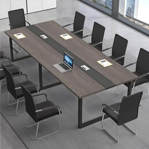 CCUKTFN Mesa de Reuniones Grande, Mesa de Conferencias Moderna con Conducto para Cables y Estructura de Metal Negro, Rectangular, para 8-12 Personas, Ideal para Oficina y Sala de Seminarios