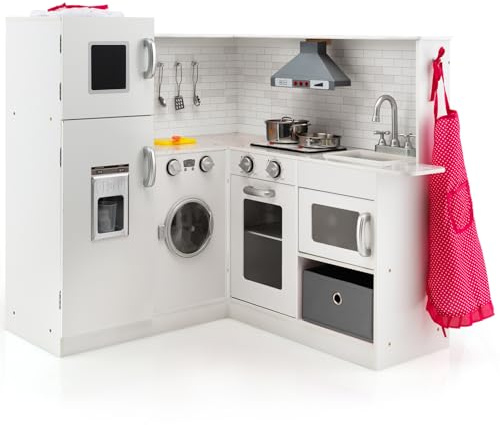 COSTWAY Kids Corner Play Kitchen, Wooden Pretend Cooking Playset with Apron, Chef Hat, Realistic Light & Sound, Accessory Utensils, Children's Chef Role Play Set for Boys Girls (White)