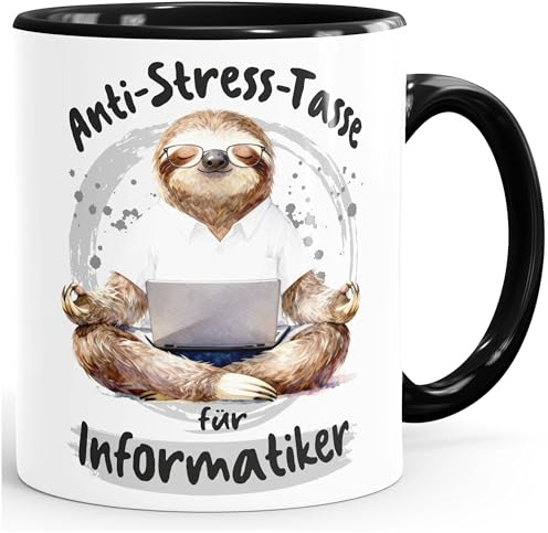 MoonWorks® Kaffee-Tasse Geschenk Informatiker Anti Stress Bürotasse Faultier Lustig Arbeit Job Keramikbecher Weiss-innen-schwarz standard
