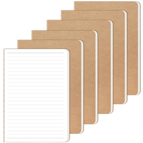 RITOLLO 6-Pack A5 Lined Notebooks, Kraft Cover | Stitched ruled journals for note-taking, revision, planning, school, office and travel