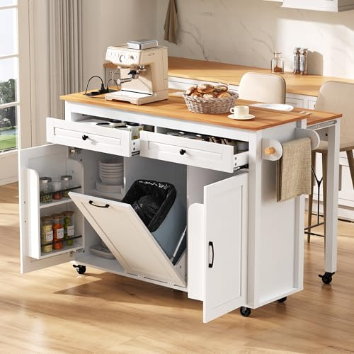 Huayz - Isola da cucina su ruote, isola da pranzo estensibile con contenitore per rifiuti, mobile a libero posizionamento con prese elettriche, con cassetto, portaspezie a 3 ante, per sala da pranzo