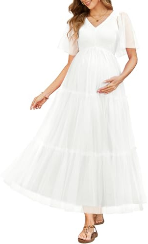 Pinup Fashion Maternity Photoshoot Dress White Baby Shower Pregnancy Summer Wedding Flowy Boho Mesh Flutter Sleeve Maxi Dresses 2026