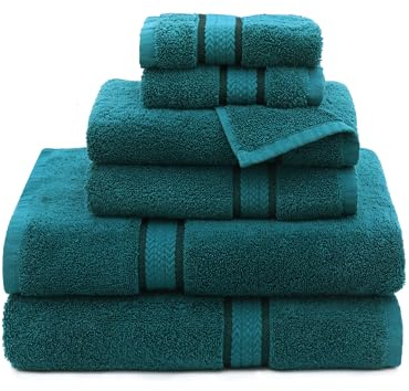COTTON CRAFT Ultra Soft 6 Piece Towel Set - 2 Large Bath Towels, 2 Hand Towels, 2 Washcloths - Absorbent 580 GSM Quick Dry Everyday Luxury Hotel Bathroom Spa Gym Shower Pool Travel -100% Cotton - Teal