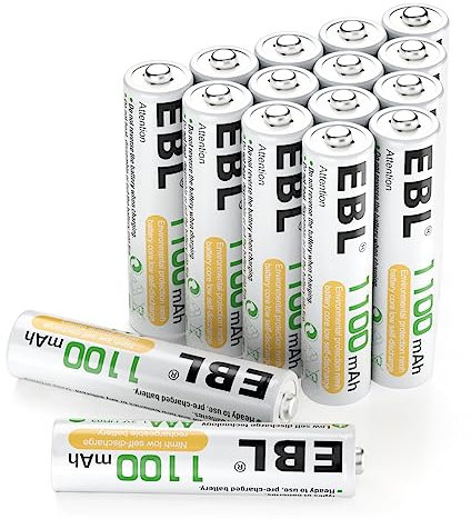 EBL 1.2V AAA Batterie Ricaricabili ad Alta Capacità da 1100mAh Ni-MH,1200 Tech con Auto-Scarica Bassa,Confezione da 16 pezzi