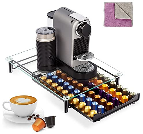 Masthome Coffee Pods Storage, 60 Capsule Coffee Pod Drawer with Tempered Glass Top, Coffee Pod Holder with Coffee Machine Stand & Anti-Slip Feet for Kitchen Office, Send 1 Cleaning Cloth (Metal/Black)