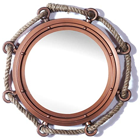 Hind Handicrafts Espejo de ojo de buey náutico envuelto en cuerda vintage para decoración del hogar, decoración temática marítima de pirata, espejo de tocador (cobre mate, 12 pulgadas)