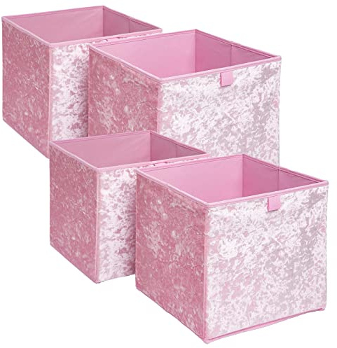 OHS Pack Of 4 Crushed Velvet Storage Boxes Set Home Bathroom Collapsible Foldable Toys Pop Up Folding Cube Box, Blush Pink