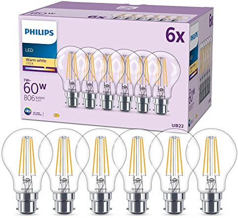 PHILIPS LED Classic A60 Light Bulb 6 Pack [Warm White 2700K - B22 Bayonet Cap] 60W, Non Dimmable, for Home Indoor Lighting