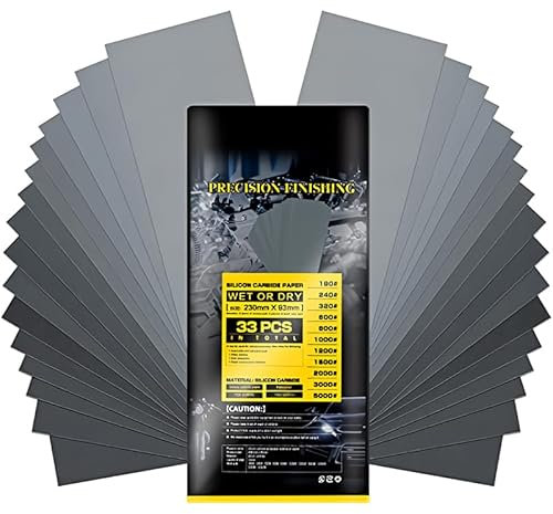 Papel de Lija Fino de Woonyee, 33 Piezas de Papel de Lija/Papel de Lija Juego Fino 5000/2000/1500/1200/800/600/240/180 Para Madera, Papel de Lija Húmedo Seco
