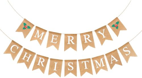 jijAcraft Merry Christmas Girlande Wimpelkette Jute, Frohe Weihnachten Wimpel Leinen Girlande, Weihnachten Banner Rustikal für Weihnachten Party Dekoration (16 Stück Wimpel)