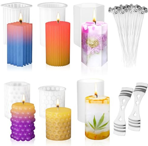 6Pcs Kerzenform Silikon,Kerzenformen zum Gießen,Kerzengießform Silikon,3D DIY Kerzenformen zum Gießen Silikon,Kerzen Selber Machen Set,Zylinder Harzgussform,Bastel Ornamente,DIY Duftkerze
