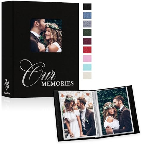 Lanpn Album Fotografico 10x15 100 Foto 2 Confezioni, Finestra OURMEMORIES Lino Piccolo Mini Album Foto Portafoto Verticale Tascabile Tasche Tasca Nero