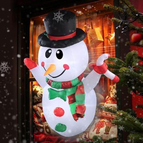 MaxEarn 4FT Aufblasbarer Schneemann, Weihnachten Aufblasbar Deko mit LED-Licht, Weihnachtsschneemann aus dem Fenster Ausgebrochen Hand Hält Krücke, Aufblasbar Dekoration für Weihnacht, Party, Garten