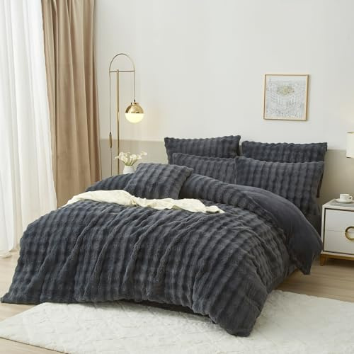 Luowei Winter Plüsch Bettwäsche 200x200 Grau Warm Kuschelige Flauschig Fleece Bettwäsche Luxus Wende Bettbezug mit Reißverschluss und 2 Kissenbezug 80x80cm
