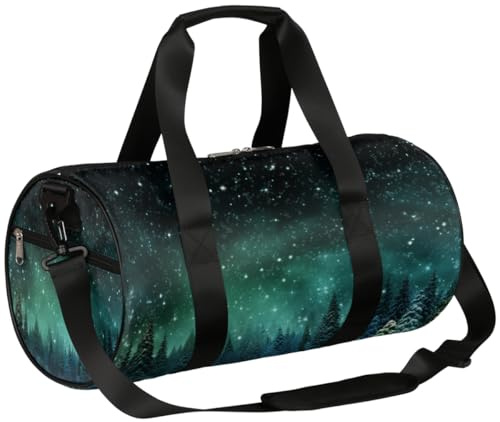Mexpekil Seesack mit Schuhfach, wasserdicht, grüner Wald, Kiefernholz, Schneeflocken, Aurora, Reiserucksack für Fitness, Fitnessstudio, Wochenendausflüge, Grüne Waldkiefer Schneeflocken Aurora