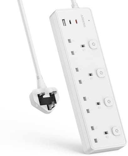 Extension Lead with 3 USB Slots(30W),4 Way Sockets Outlets Ports Extension Cable with 4 Individual Switches Surge Protected，Wall Mountable Extension Socket for Home,Office,School,2M,White