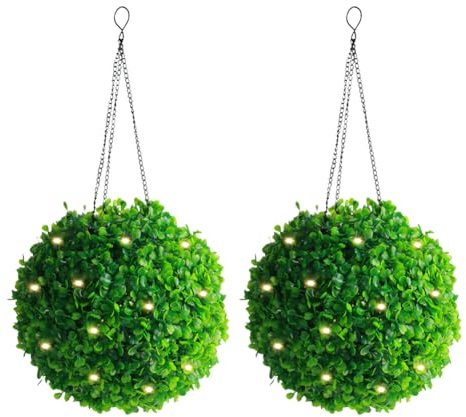 JOYWU 2 Pack Solar Topiary Balls with LED Lights - 14/20/24cm Artificial Boxwood Hanging Balls, Auto-On Weatherproof Faux Plants for Garden, Patio, Pathway, Wedding Decor (14cm)