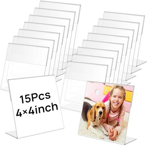 Xvvirnt 15 Pcs Acrylic Picture Frames,4 x 4 Inch Clear Picture Frame,Slant Back Photo Frames,Acrylic Sign Holder,Clear Sign Holder,L Shaped Display Stand for Home Office Wedding Desktop