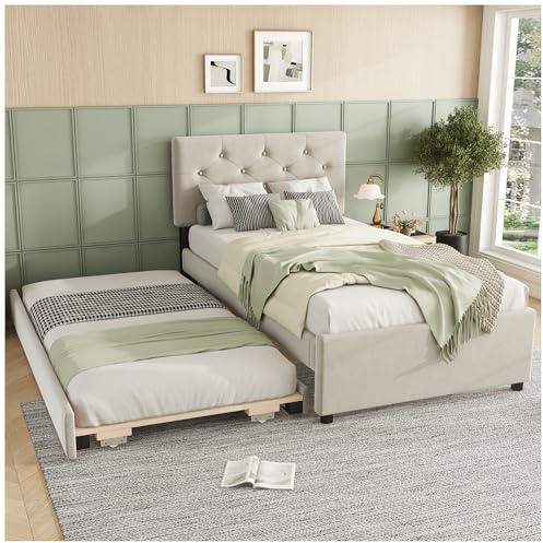 Wyibwy Letto singolo imbottito 90x200cm, letto estraibile con rotelle,letto singolo con letto estraibile, tessuto in velluto, letti singoli (senza materasso),Beige
