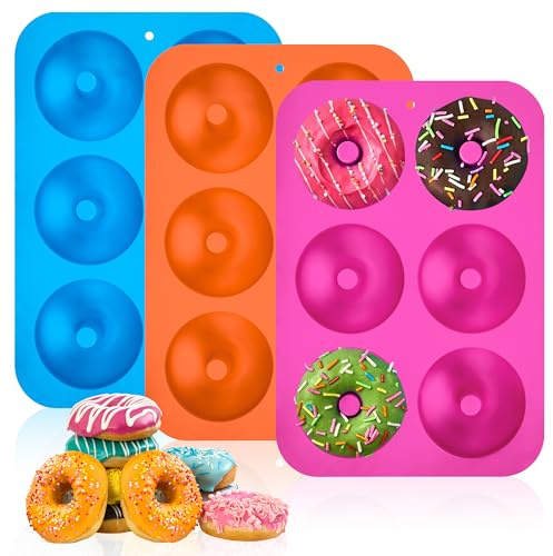 Songella Molde para Donut de Silicona Antiadherentes Donut Mould para Hornear Magdalenas Rosquillas Bagels Pasteles 3 Piezas (Rosa Rojo/Naranja/Azul)