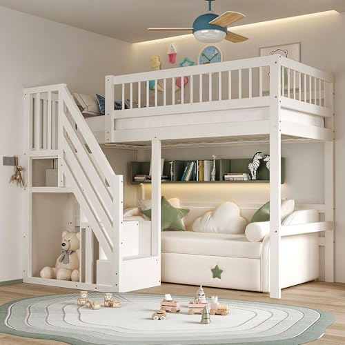 luckdect Lit Mezzanine 90 x 200 cm, Cadre en Bois Massif, lit pour Adolescent, avec Espace de Rangement, lit Simple, Peu encombrant