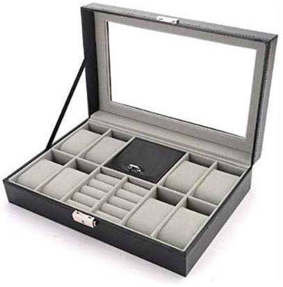 MR Maestro Relojero - Vitrina para Guardar 8 Relojes, Gemelos y Joyas | Piel sintética e Interior Aterciopelado Grey | Ideal para Organización de Joyas y Relojes, Muy Practico, Estupendo para Regalo