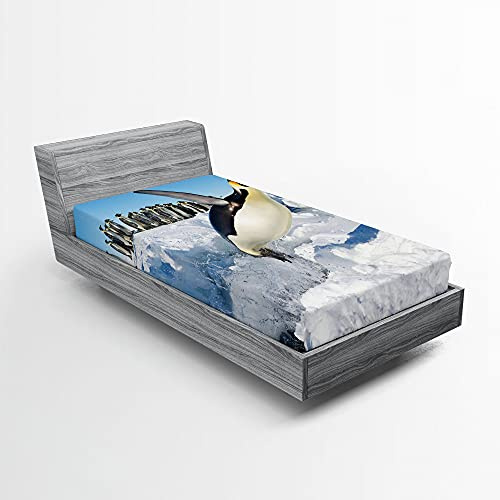 ABAKUHAUS Pinguin Spannbetttuch, Detaillierte Arctic Foto, Soft Dekorativer Stoff Bettwäsche Rund-um Elastischer Gummizug, 90 cm x 200 cm, Aqua Schwarz